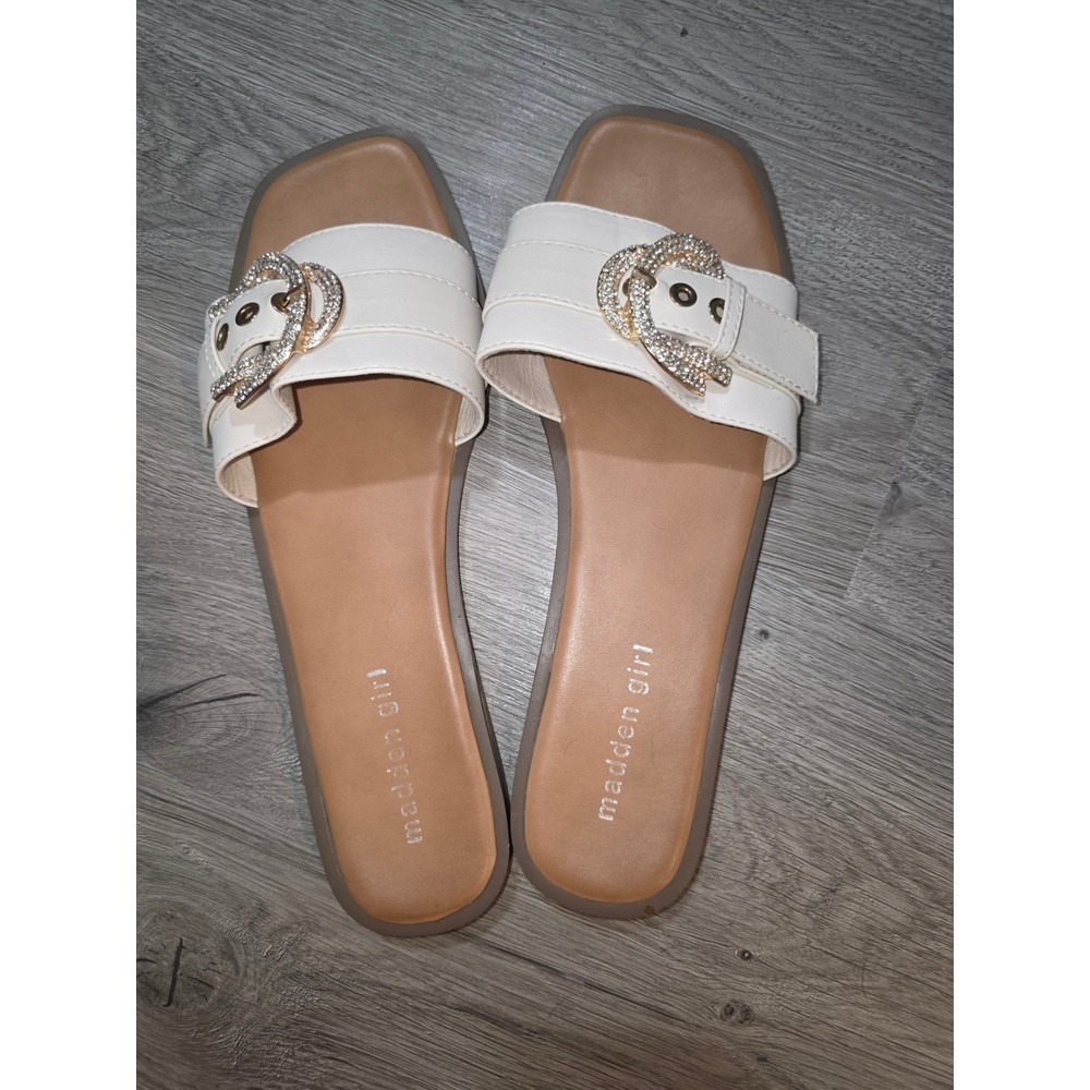 Madden Girl Womens White Rhinestone Buckle Square Toe Flat Slide Sandals Sz 9.5